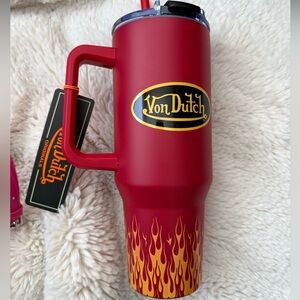 Von Dutch NEW Red Travel Tumbler 40 oz with Yellow Flame Graphic